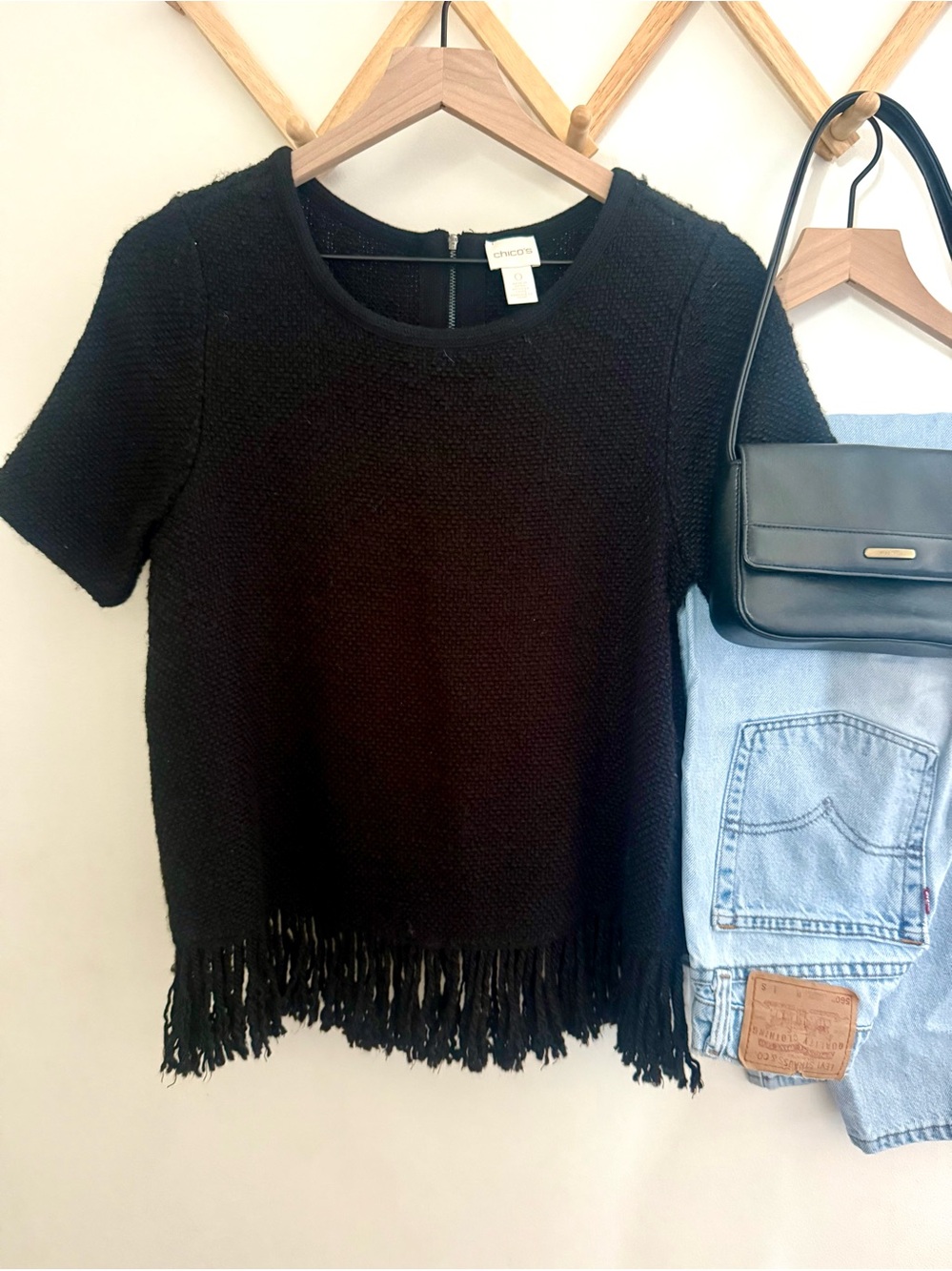 Black Textured Knit Top • Fringe Hem • Minimalist • Coastal Classic